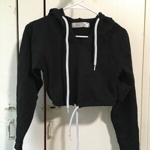 Black Cropped Hoodie with White Drawstrings